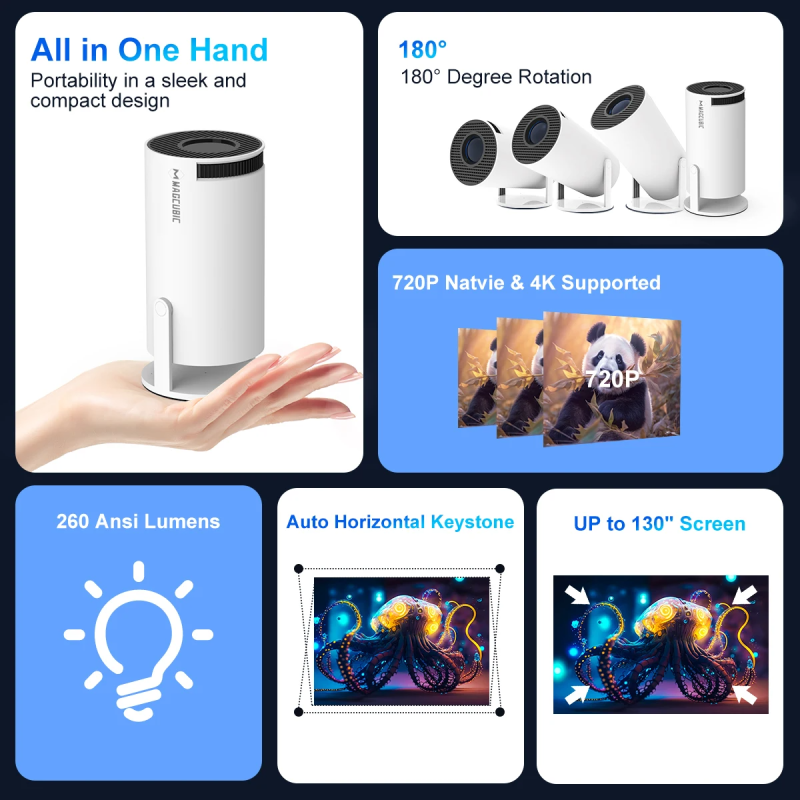 Mini Projector HY300 Pro 4K Android 11, Dual WiFi6, 260 ANSI Lumens, Bluetooth 5.0, 1080P for Home Cinema and Outdoor Use