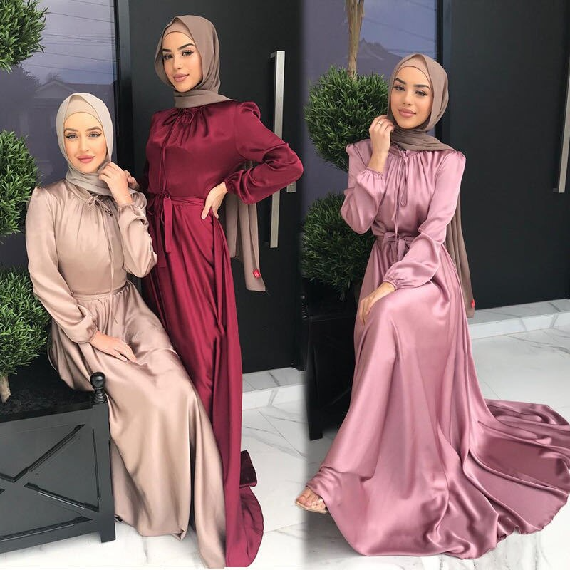 Hijab Satin Dress Belted Abaya