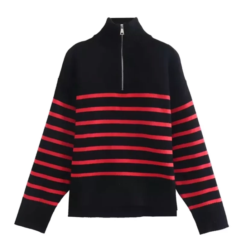 Women Fashion Loose Striped Asymmetry Knitted Sweaters
