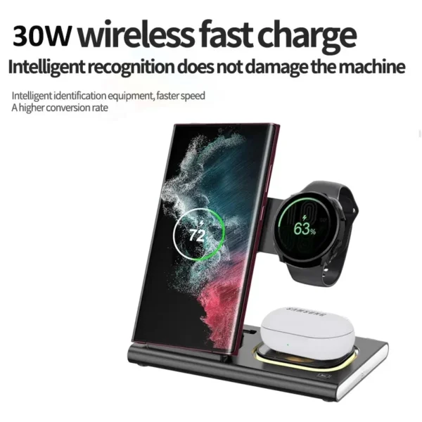 30W Wireless Charger Stand 3 in 1 Night Light For IPhone Samsung S20 S21 Galaxy Watch 8 7 6 5 Airpods Fast Charging Dock Station | Tuzkuz Retails