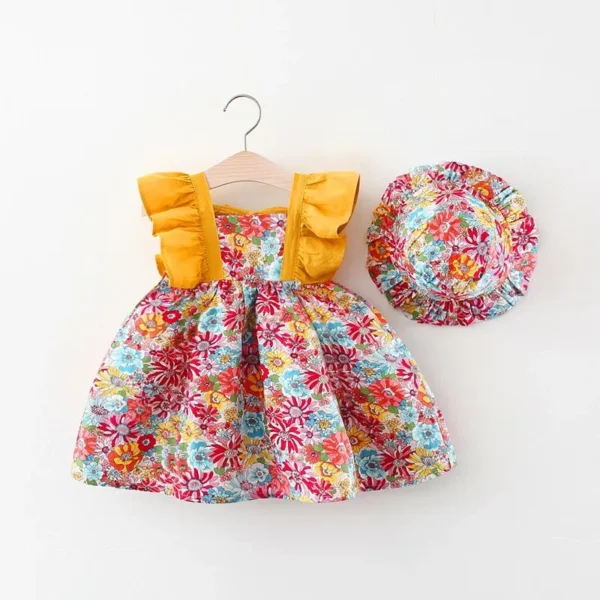 Floral Baby Girl Summer Dress with Bow and Hat_tuzkuz